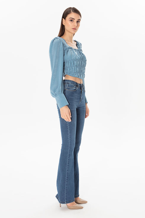 Square Collar Balloon Sleeve Crop Top